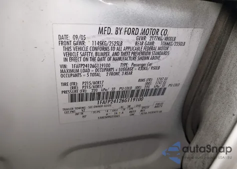 2006 Ford Five Hundred Sel from USA, damaged, VIN 1FAFP24126G119100